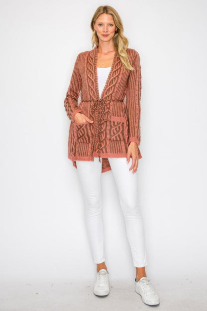 Open Wool Cardigan With Belt String & Front Pocket - All Season Fashion