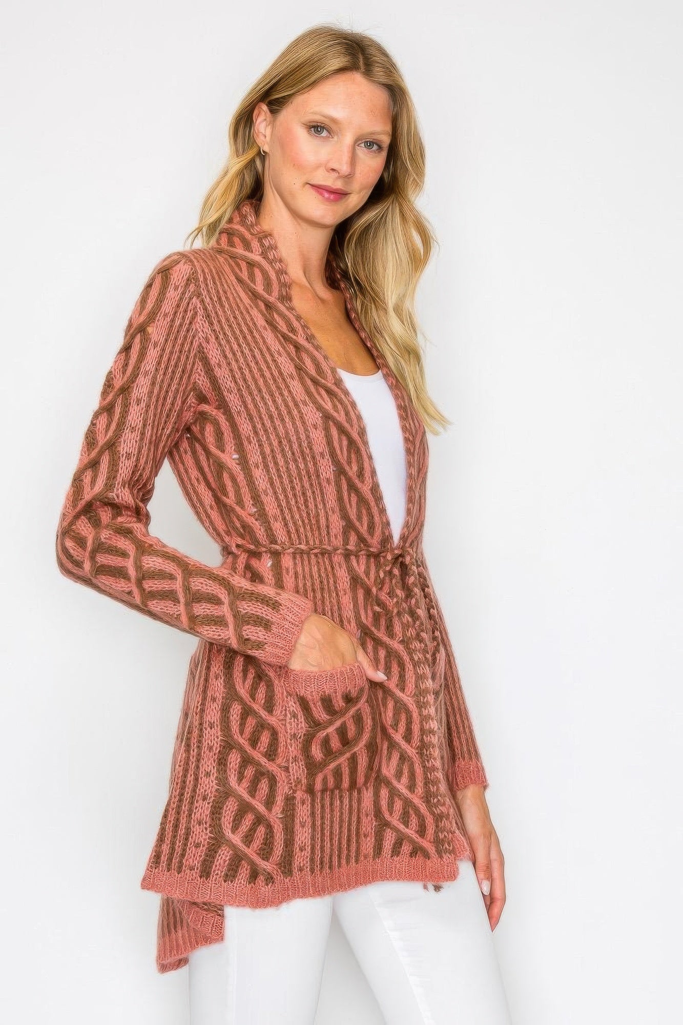 Open Wool Cardigan With Belt String & Front Pocket - All Season Fashion