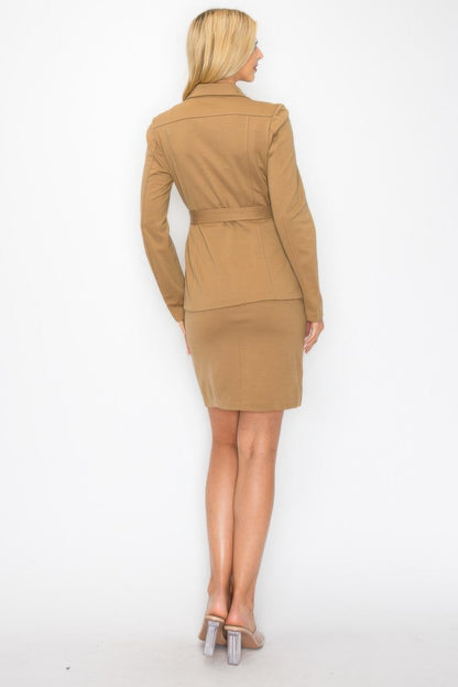 Ls Belted Button Up Jacket & Pencil Skirt Set - All Season Fashion