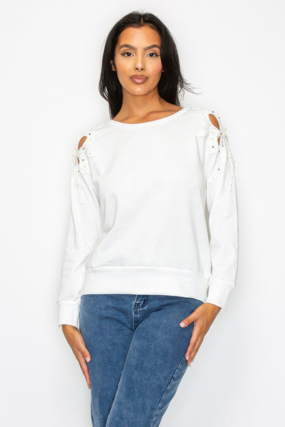 Solid Pear Bead Flower Patch Cut Out Sweatshirt - All Season Fashion