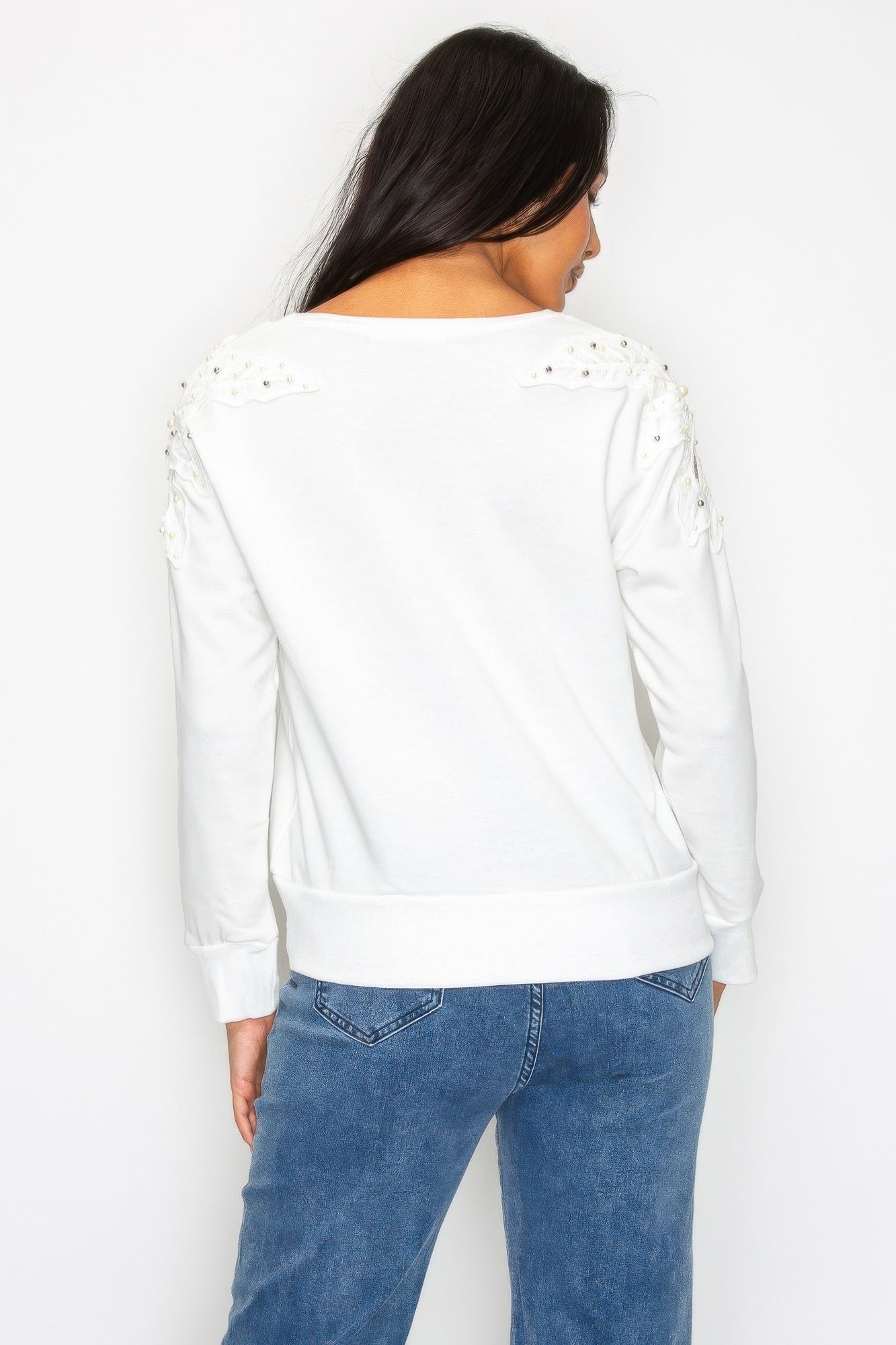 Solid Pear Bead Flower Patch Cut Out Sweatshirt - All Season Fashion