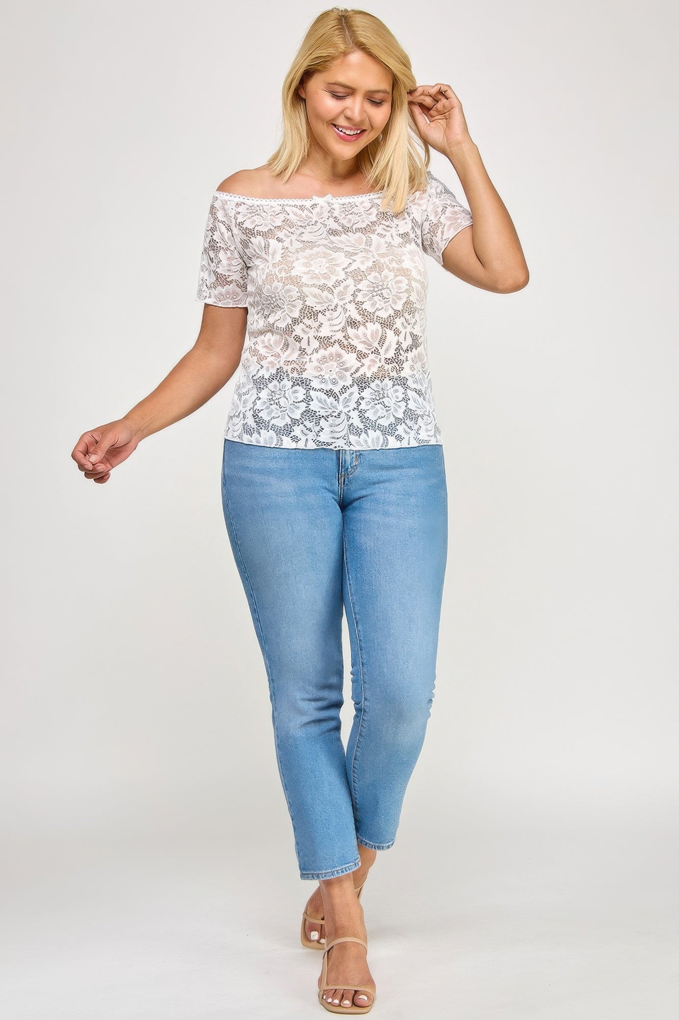 Plus Sized Off The Shoulder Lace Scallop Edge Top - All Season Fashion