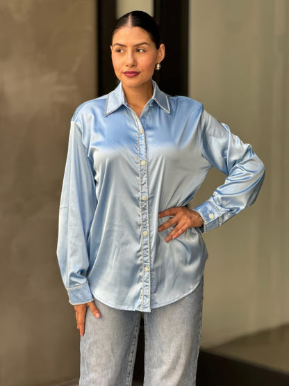 Rhinestone Diamond Lined Button Down Satin Blouse - All Season Fashion