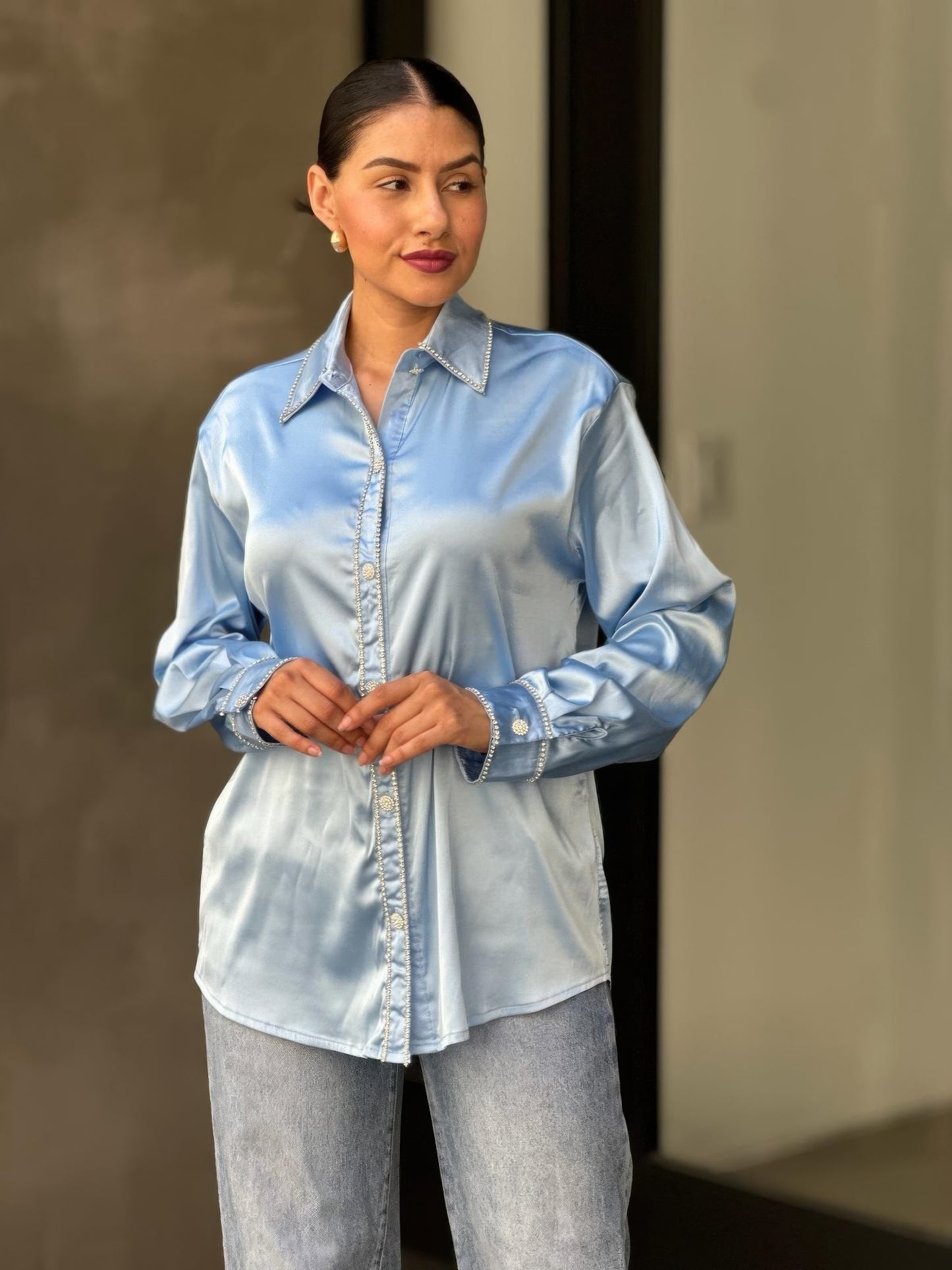 Rhinestone Diamond Lined Button Down Satin Blouse - All Season Fashion