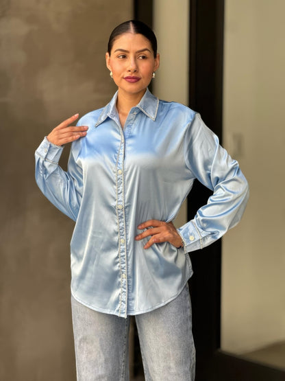 Rhinestone Diamond Lined Button Down Satin Blouse - All Season Fashion