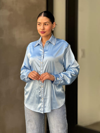 Rhinestone Diamond Lined Button Down Satin Blouse - All Season Fashion