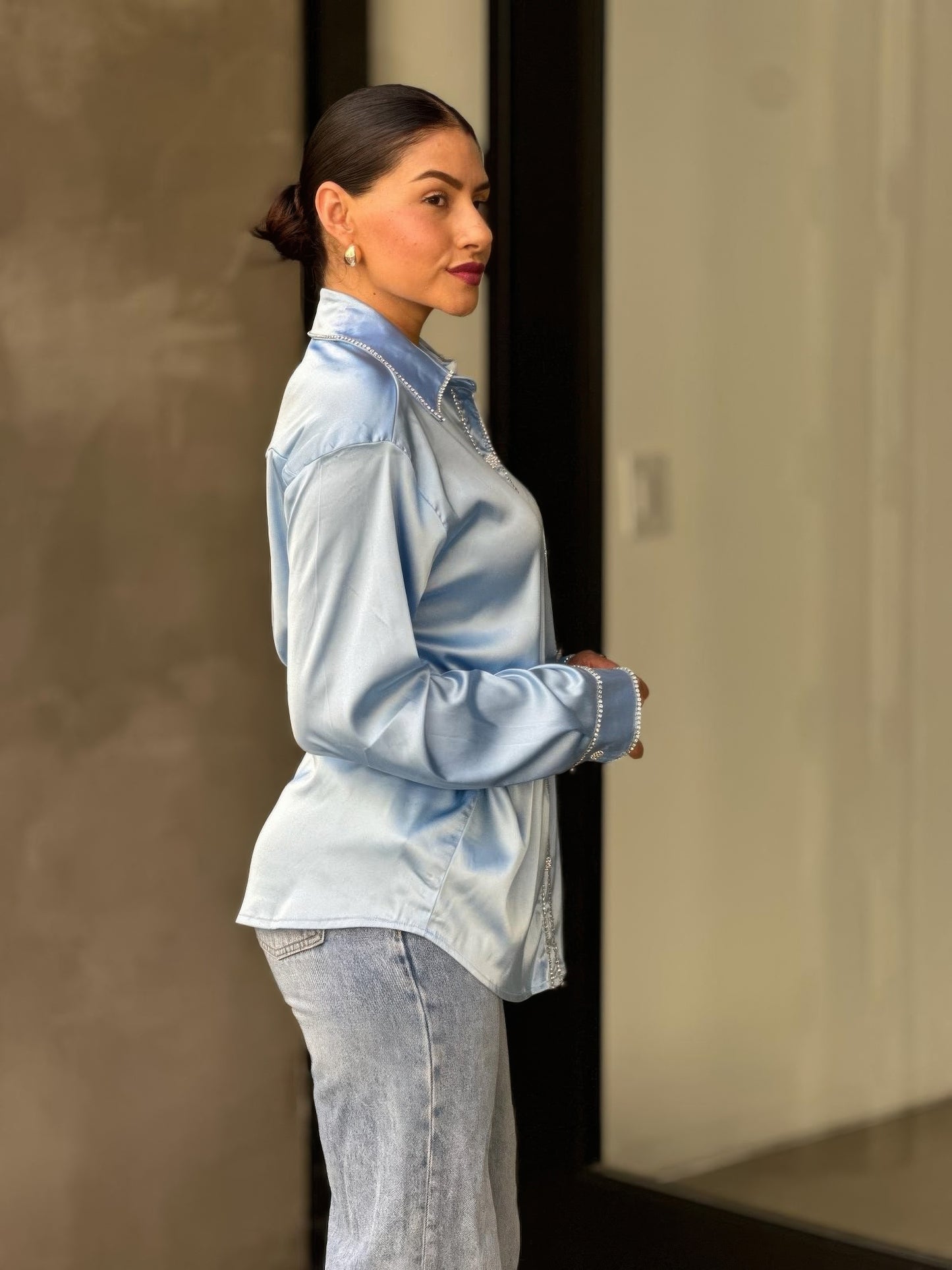Rhinestone Diamond Lined Button Down Satin Blouse - All Season Fashion