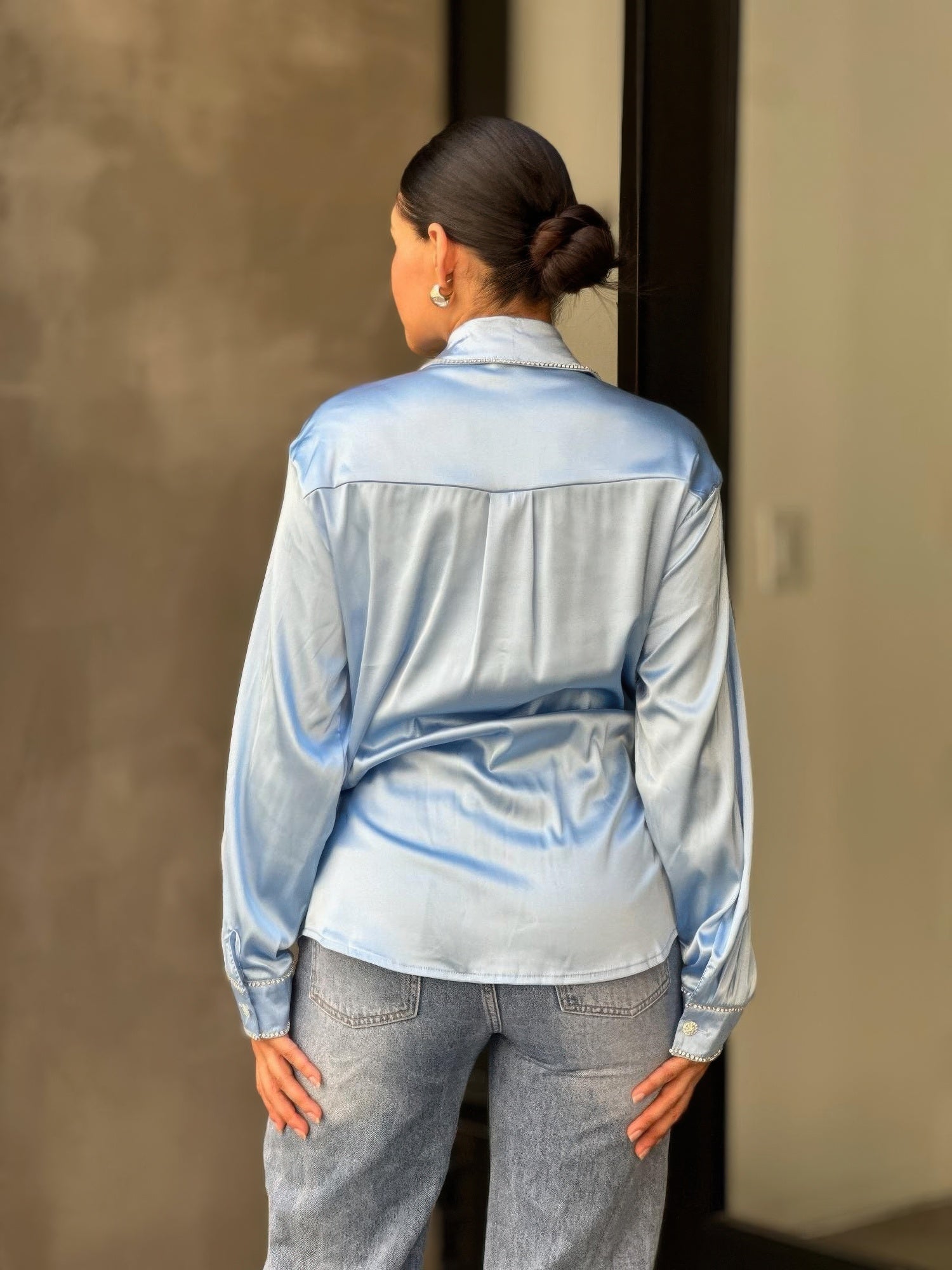 Rhinestone Diamond Lined Button Down Satin Blouse - All Season Fashion
