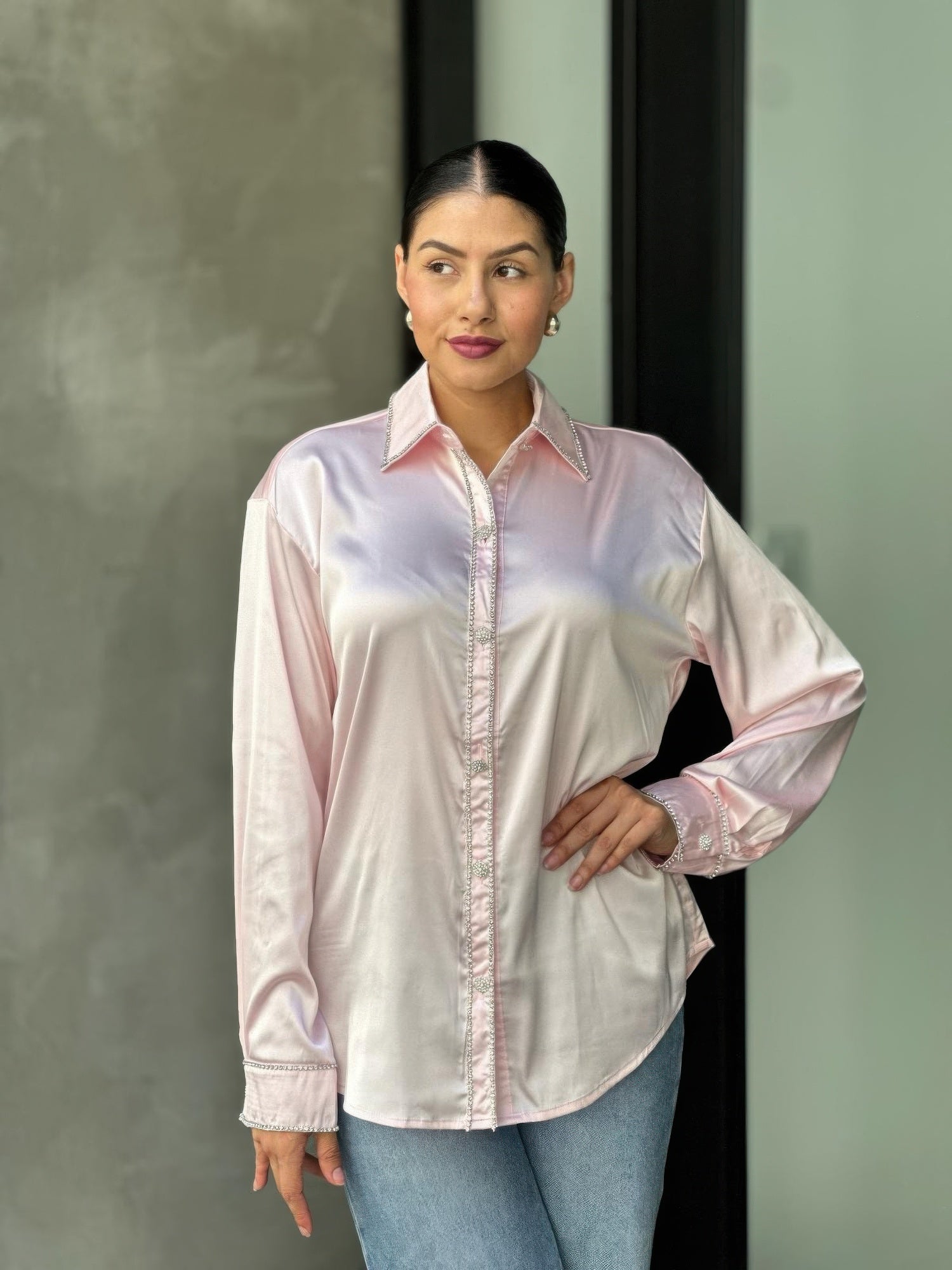 Rhinestone Diamond Lined Button Down Satin Blouse - All Season Fashion