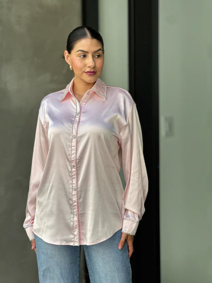Rhinestone Diamond Lined Button Down Satin Blouse - All Season Fashion
