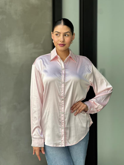 Rhinestone Diamond Lined Button Down Satin Blouse - All Season Fashion