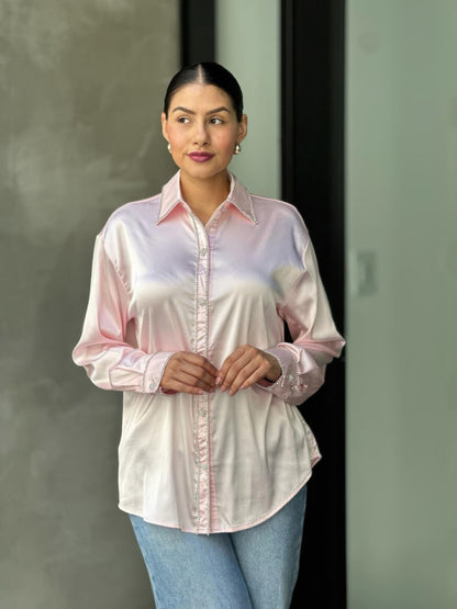 Rhinestone Diamond Lined Button Down Satin Blouse - All Season Fashion