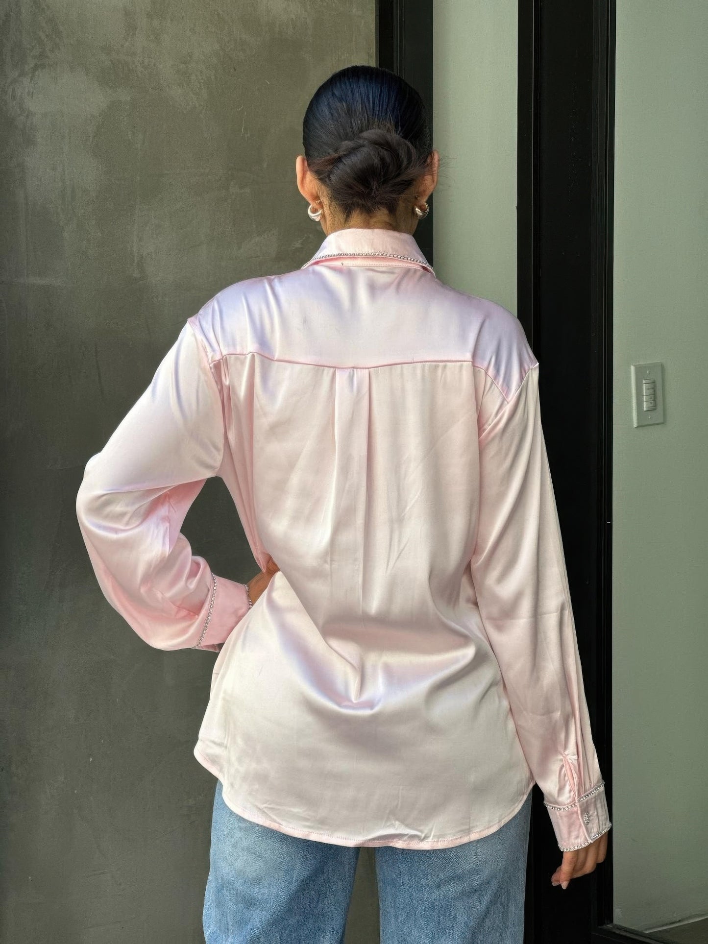 Rhinestone Diamond Lined Button Down Satin Blouse - All Season Fashion