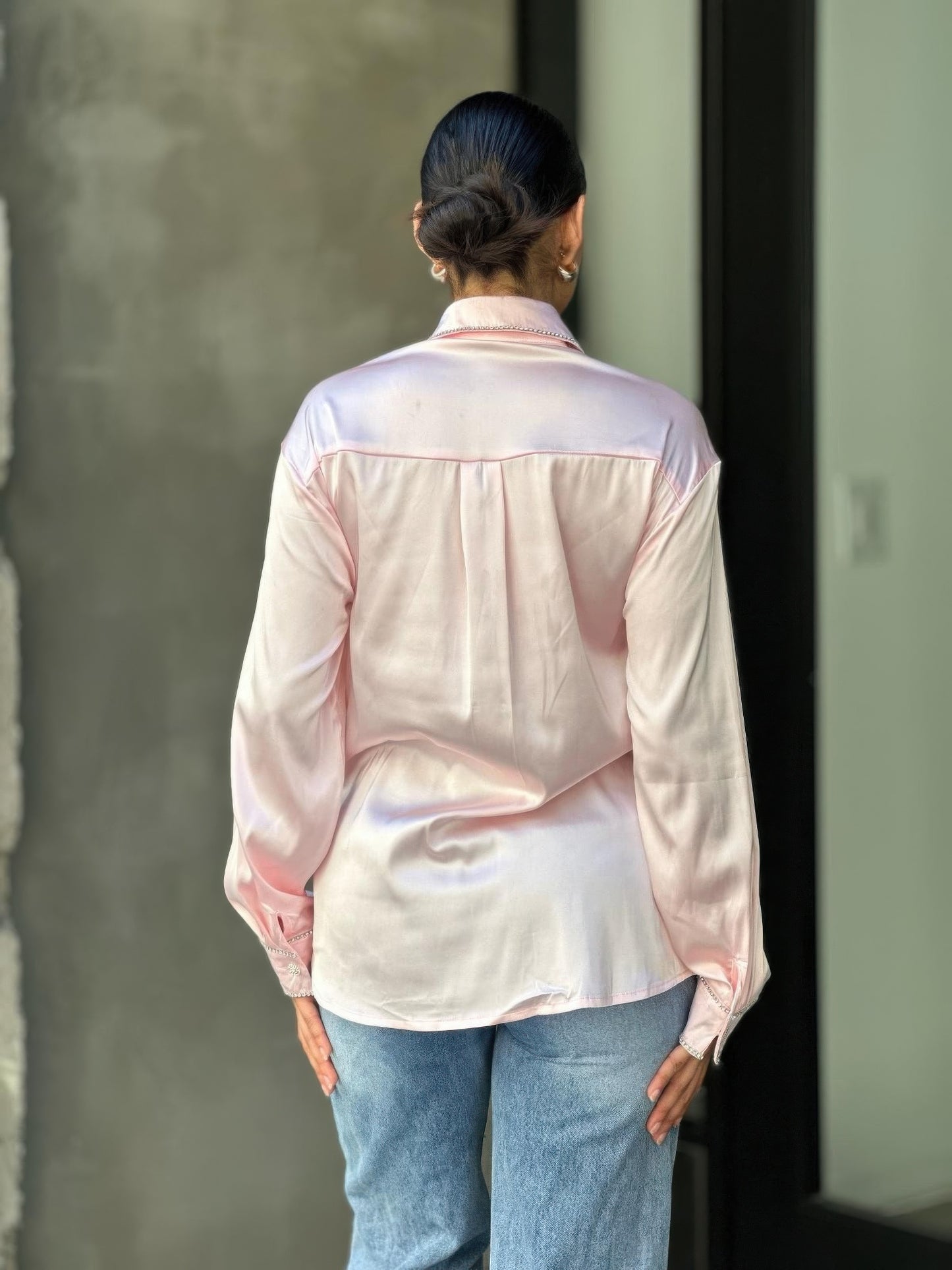 Rhinestone Diamond Lined Button Down Satin Blouse - All Season Fashion