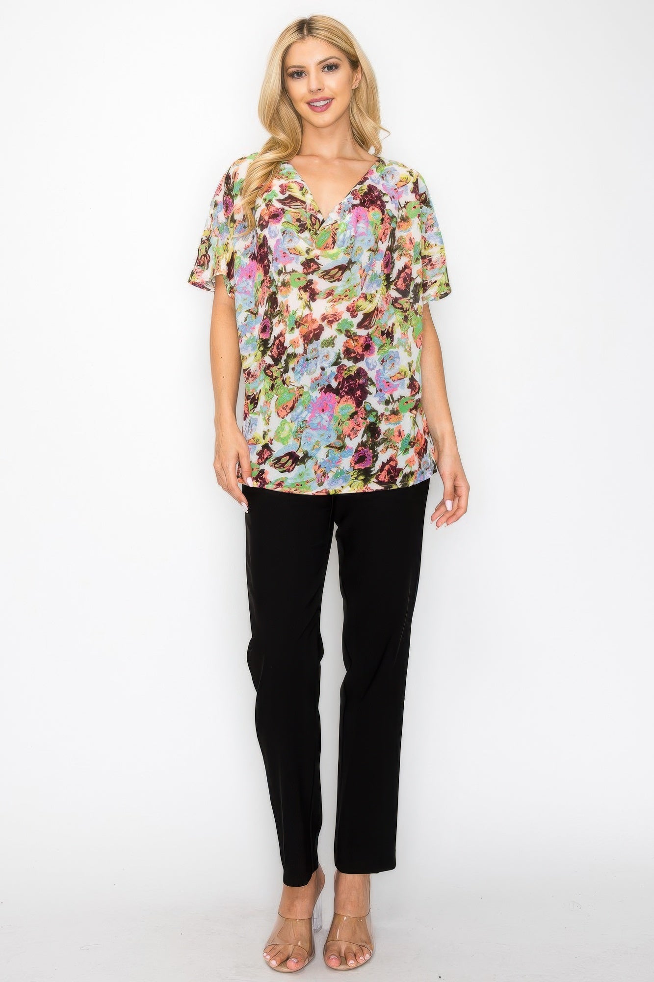 Sheer Neon Floral Cowl Neck Whimsgoth Relaxed Top - All Season Fashion