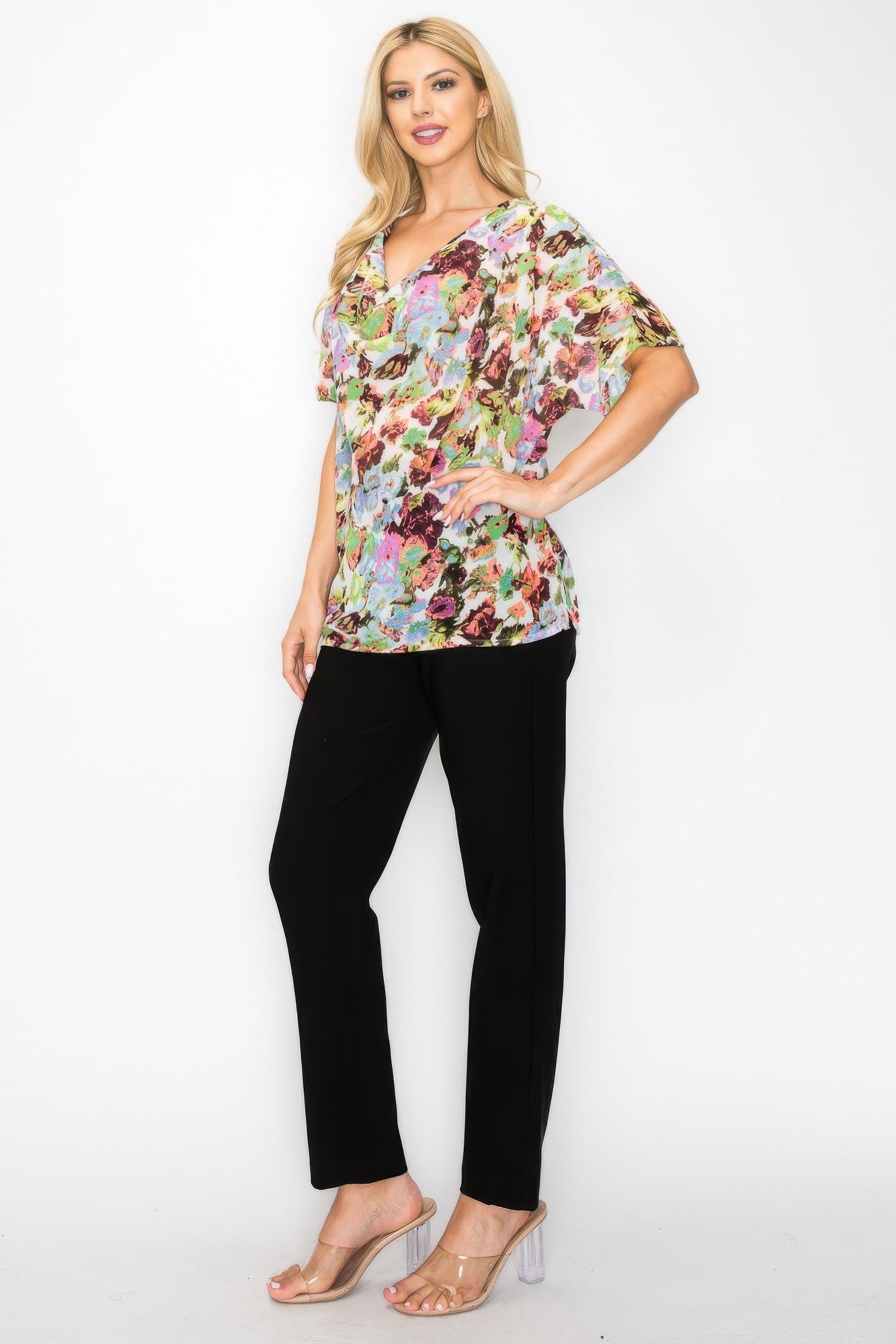 Sheer Neon Floral Cowl Neck Whimsgoth Relaxed Top - All Season Fashion