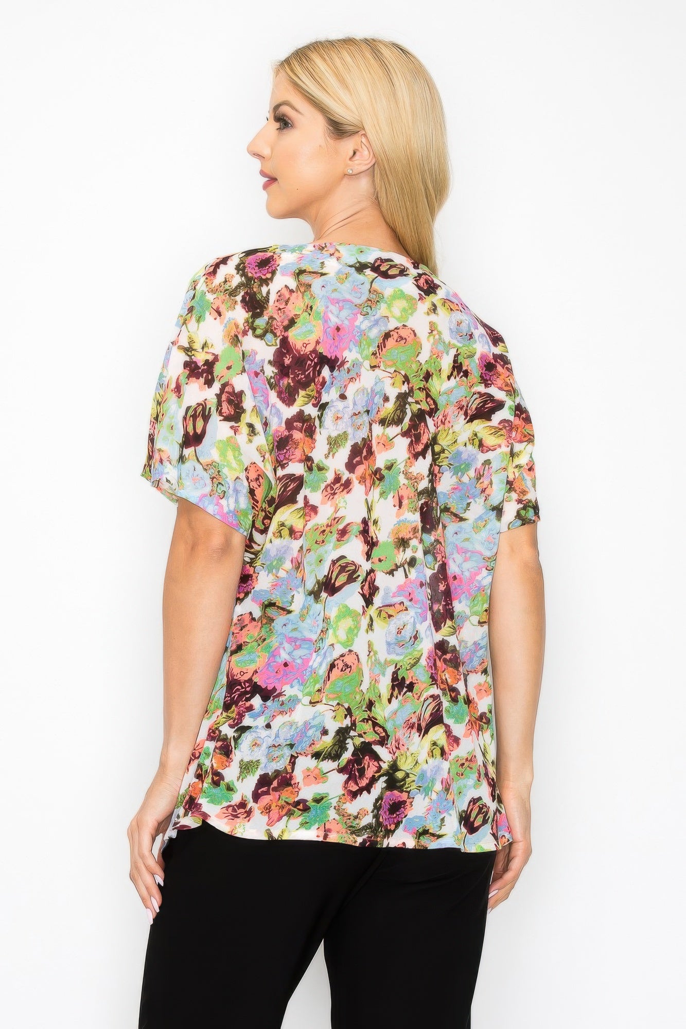Sheer Neon Floral Cowl Neck Whimsgoth Relaxed Top - All Season Fashion