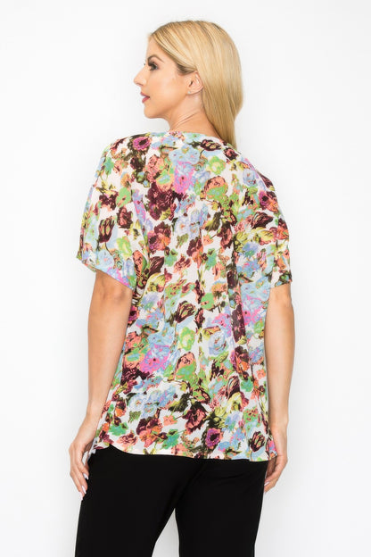 Sheer Neon Floral Cowl Neck Whimsgoth Relaxed Top - All Season Fashion