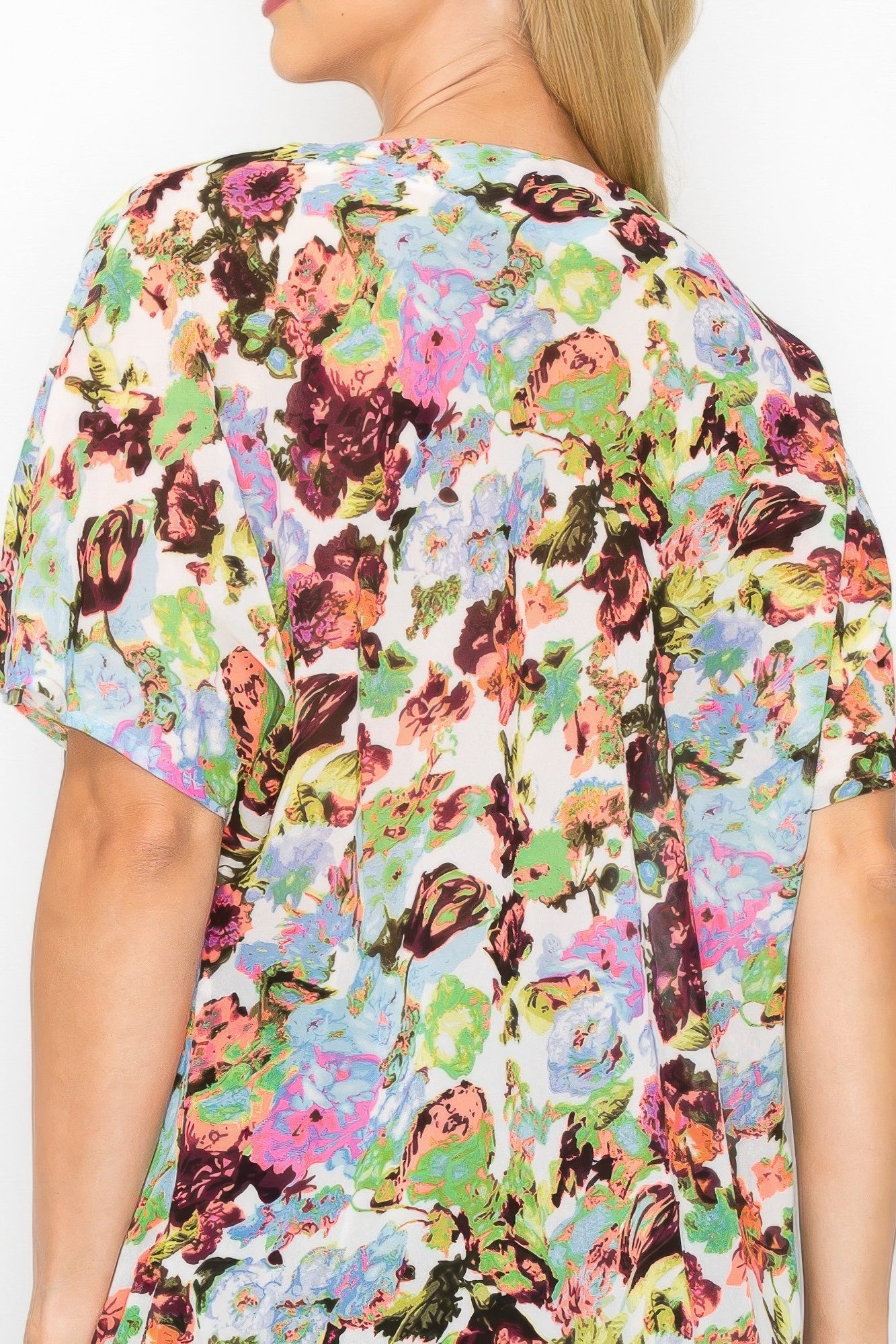 Sheer Neon Floral Cowl Neck Whimsgoth Relaxed Top - All Season Fashion