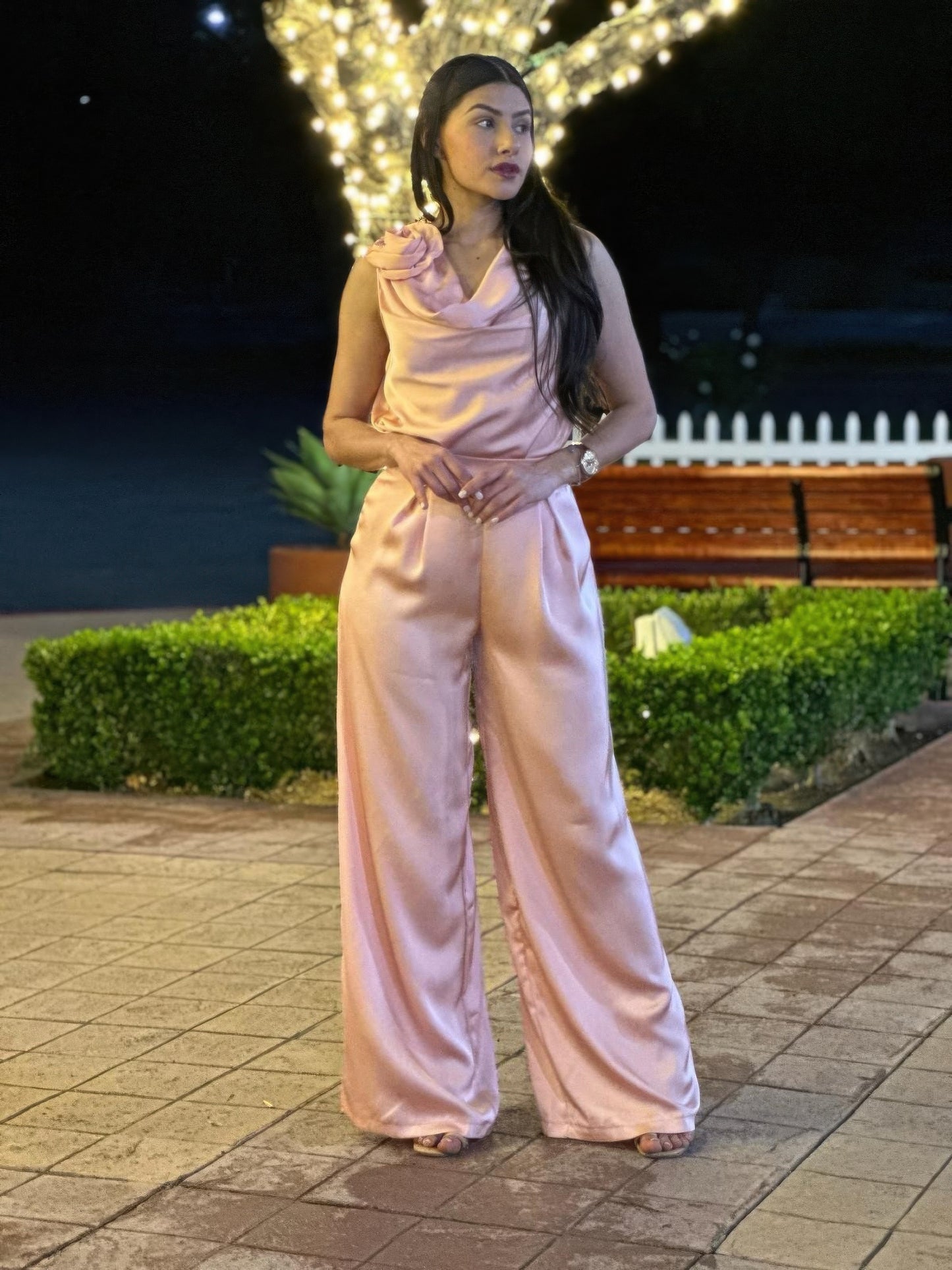 Satin Wide Leg Pants & Flower Sleeveless Top Set - All Season Fashion