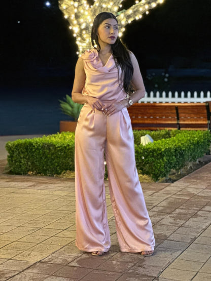 Satin Wide Leg Pants & Flower Sleeveless Top Set - All Season Fashion