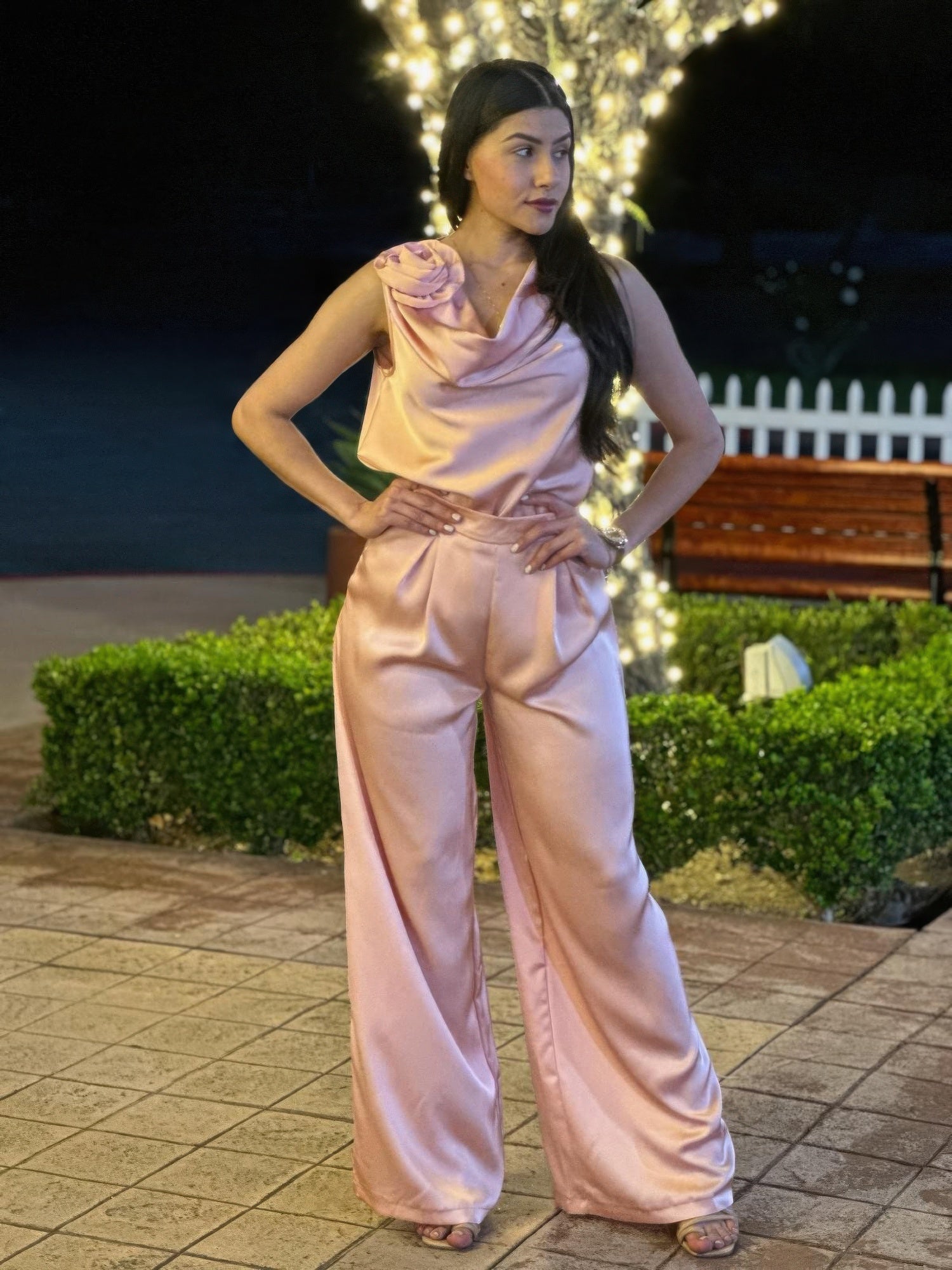 Satin Wide Leg Pants & Flower Sleeveless Top Set - All Season Fashion