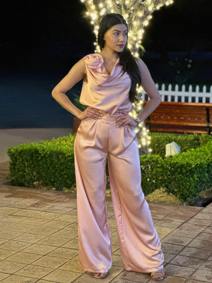 Satin Wide Leg Pants & Flower Sleeveless Top Set - All Season Fashion