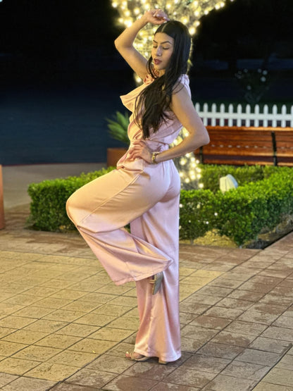 Satin Wide Leg Pants & Flower Sleeveless Top Set - All Season Fashion