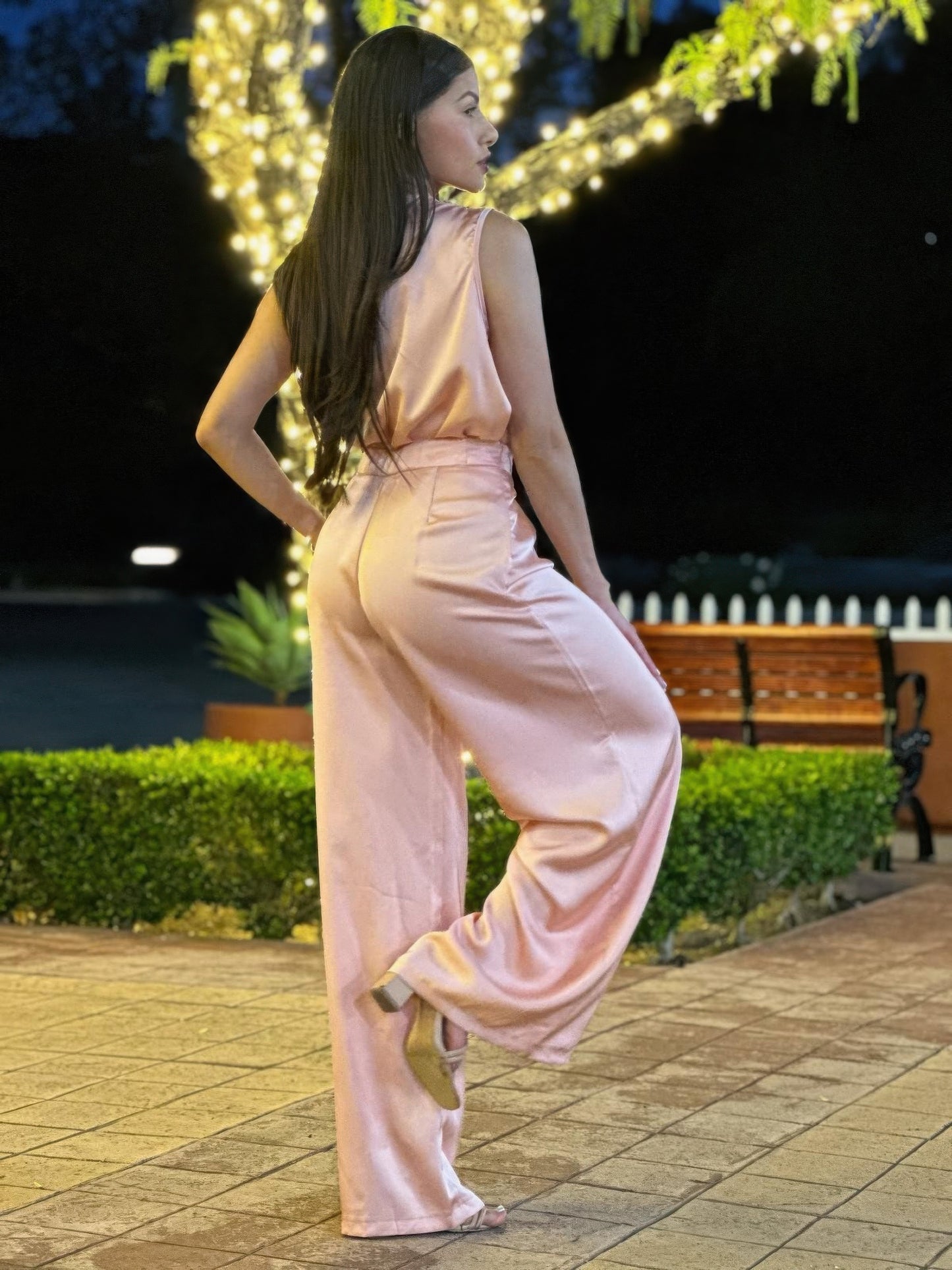 Satin Wide Leg Pants & Flower Sleeveless Top Set - All Season Fashion