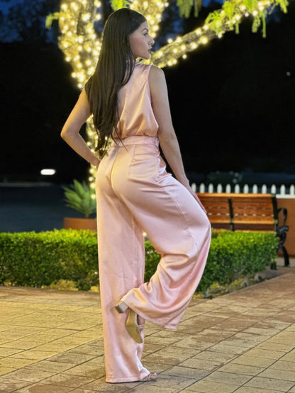 Satin Wide Leg Pants & Flower Sleeveless Top Set - All Season Fashion