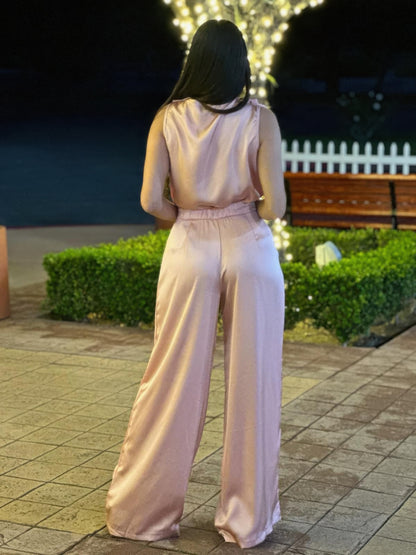 Satin Wide Leg Pants & Flower Sleeveless Top Set - All Season Fashion
