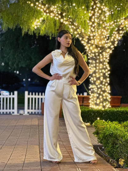 Satin Wide Leg Pants & Flower Sleeveless Top Set - All Season Fashion