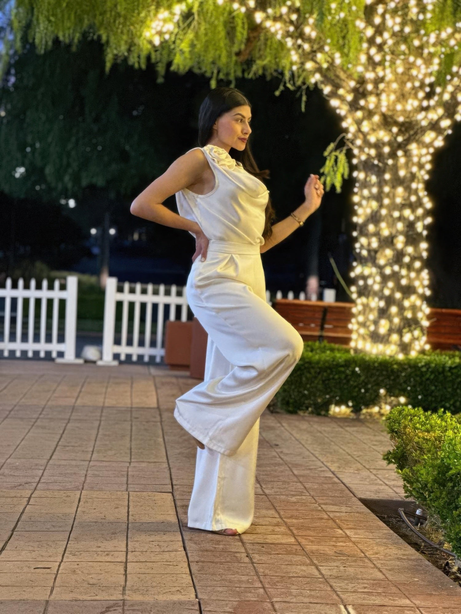 Satin Wide Leg Pants & Flower Sleeveless Top Set - All Season Fashion
