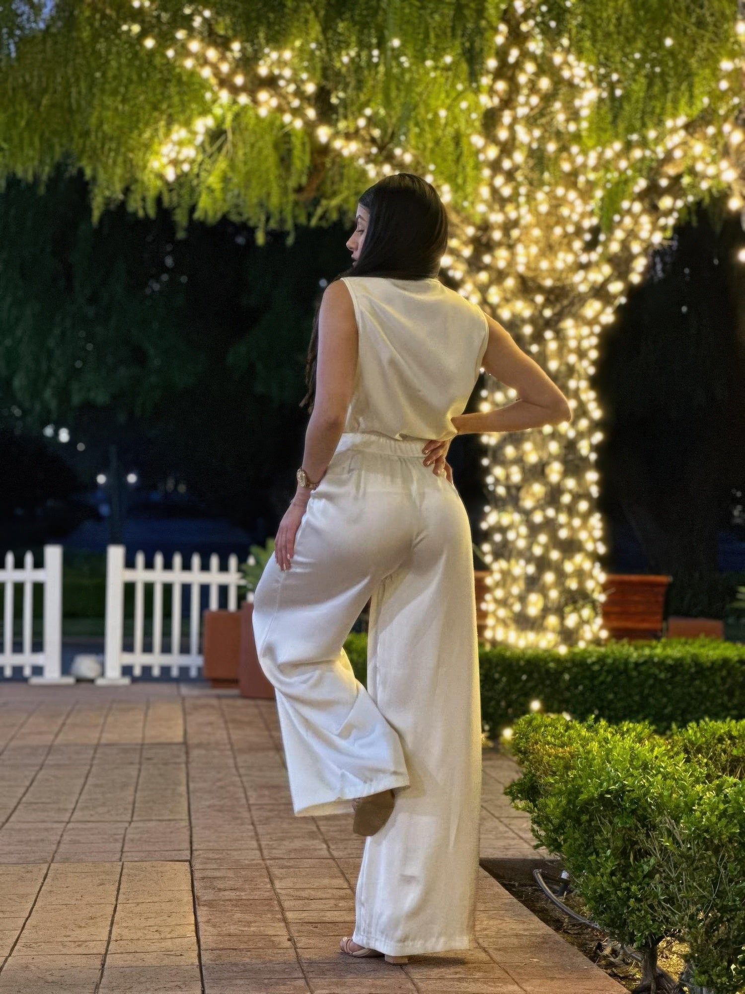 Satin Wide Leg Pants & Flower Sleeveless Top Set - All Season Fashion
