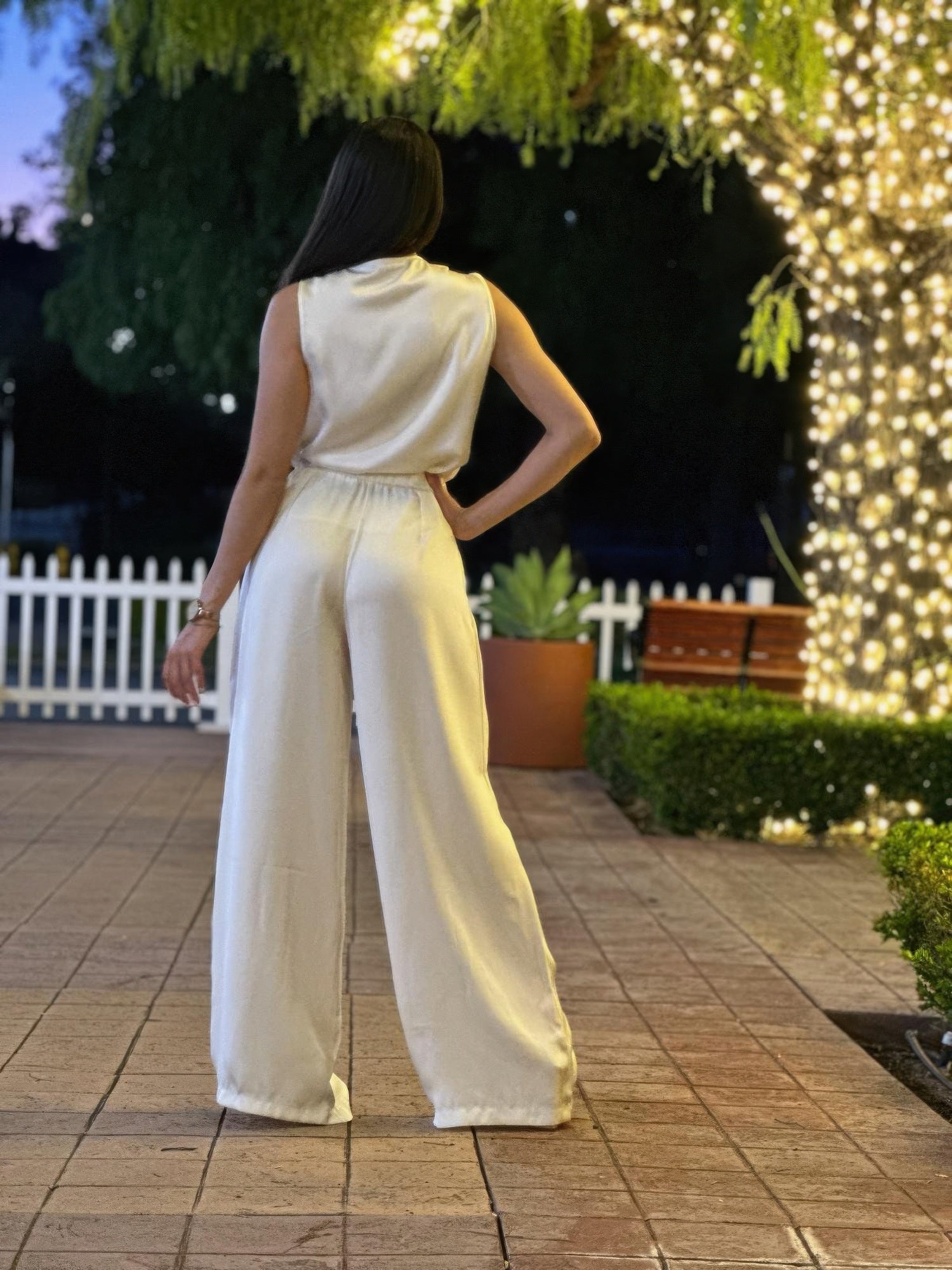Satin Wide Leg Pants & Flower Sleeveless Top Set - All Season Fashion