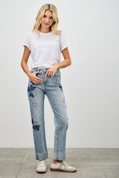 High Rise Star & Heart Patched Dad Jean W/stretch - All Season Fashion