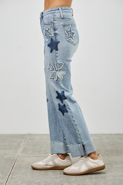 High Rise Star & Heart Patched Dad Jean W/stretch - All Season Fashion