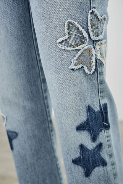High Rise Star & Heart Patched Dad Jean W/stretch - All Season Fashion