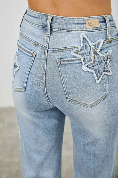 High Rise Star & Heart Patched Dad Jean W/stretch - All Season Fashion