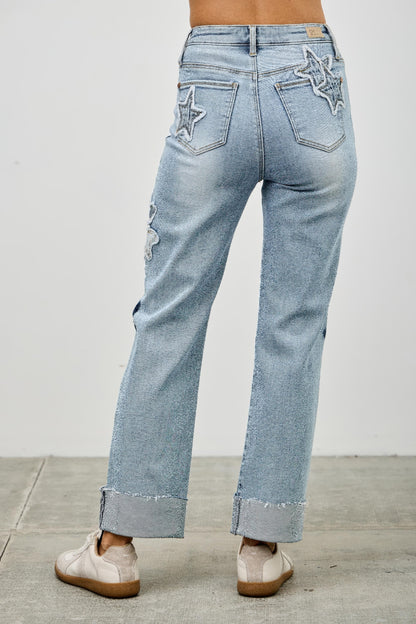 High Rise Star & Heart Patched Dad Jean W/stretch - All Season Fashion