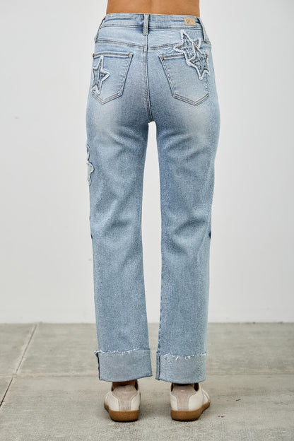 High Rise Star & Heart Patched Dad Jean W/stretch - All Season Fashion