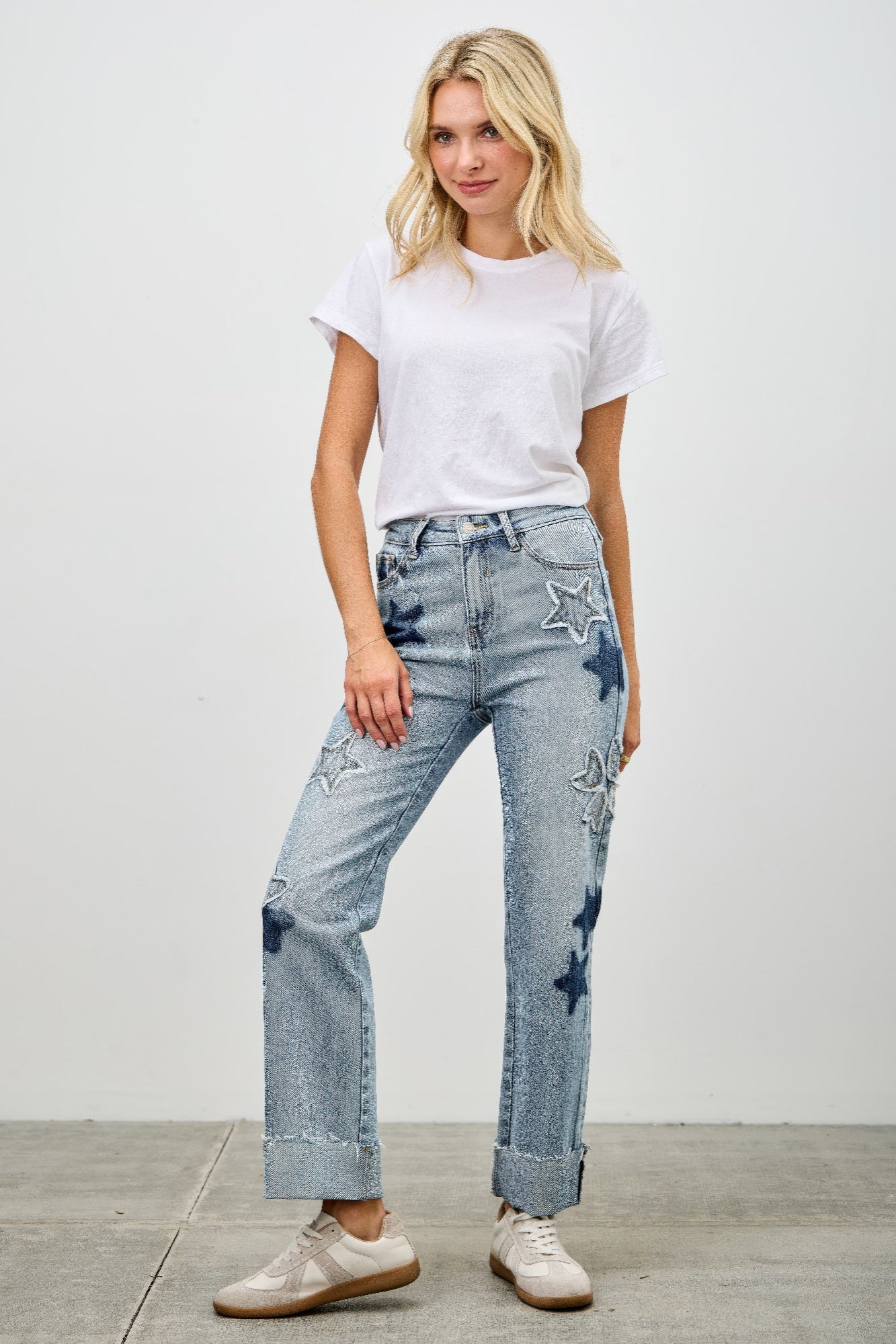 High Rise Star & Heart Patched Dad Jean W/stretch - All Season Fashion