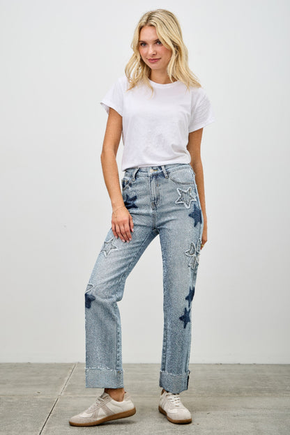 High Rise Star & Heart Patched Dad Jean W/stretch - All Season Fashion