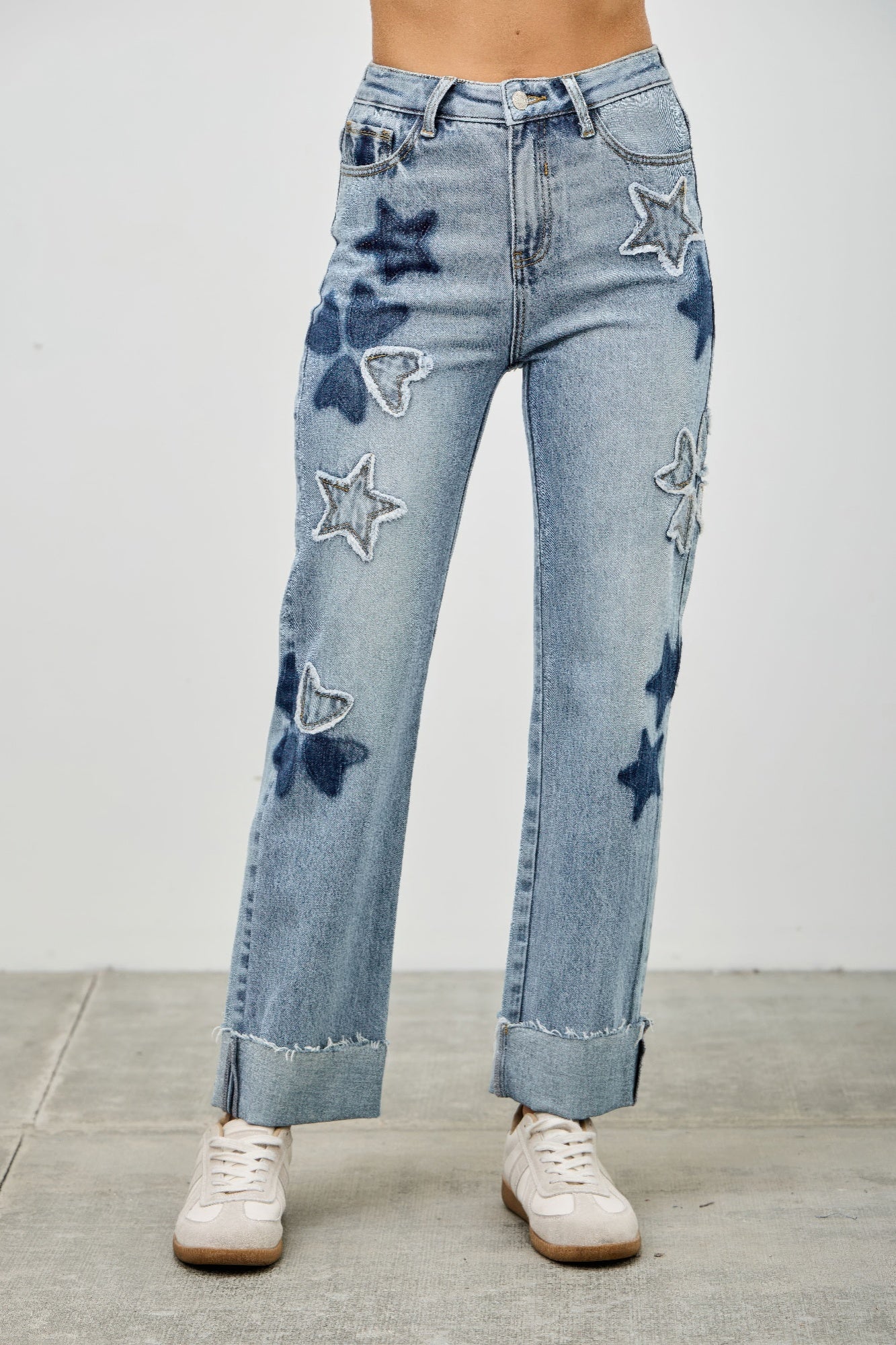 High Rise Star & Heart Patched Dad Jean W/stretch - All Season Fashion