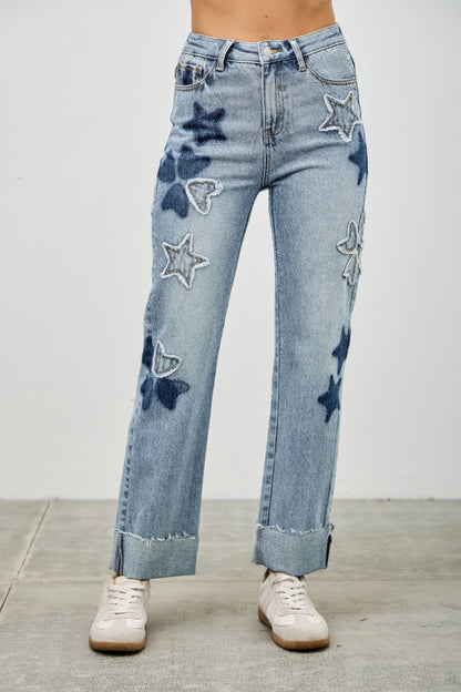 High Rise Star & Heart Patched Dad Jean W/stretch - All Season Fashion