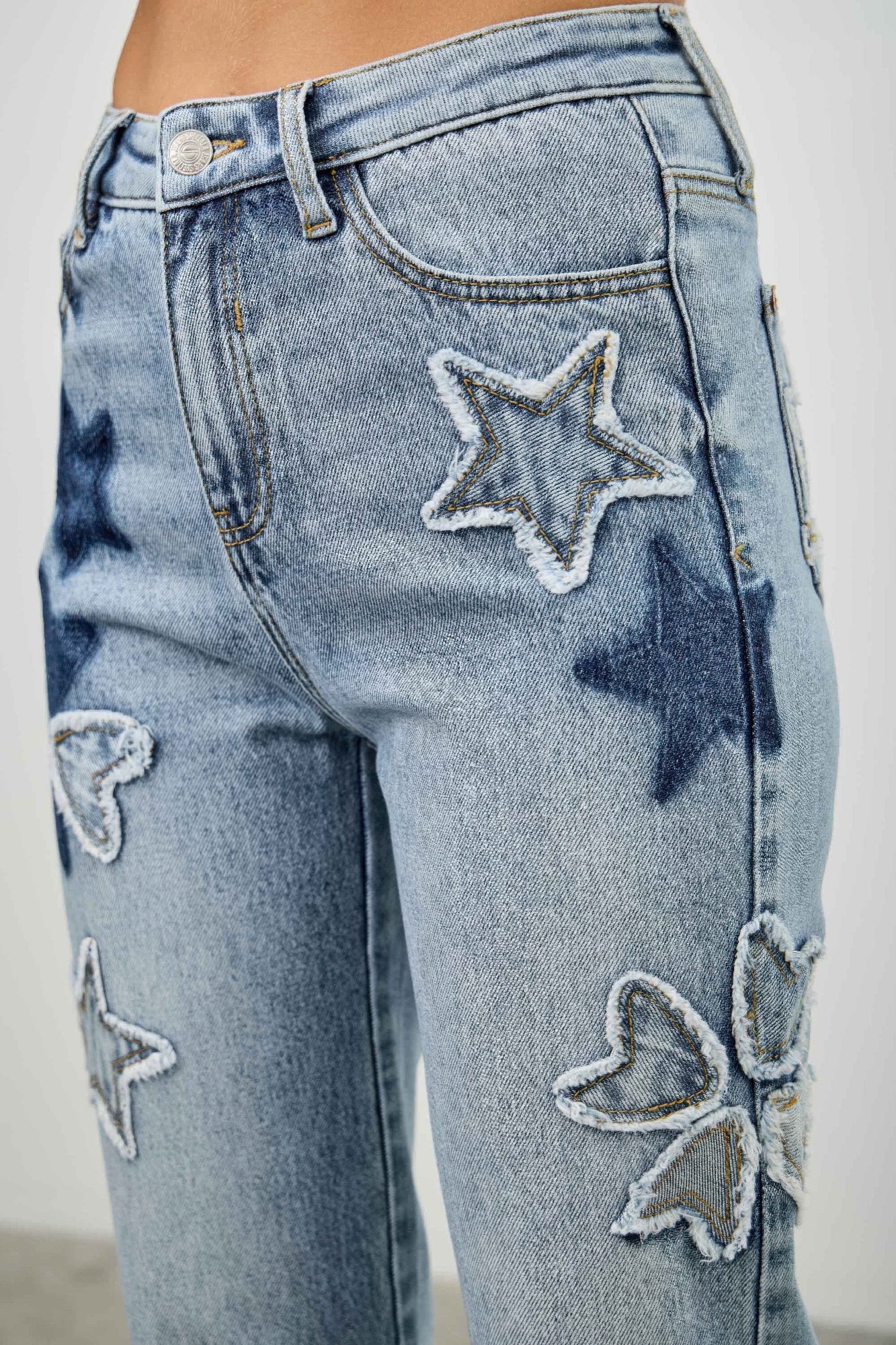 High Rise Star & Heart Patched Dad Jean W/stretch - All Season Fashion