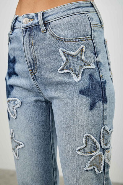 High Rise Star & Heart Patched Dad Jean W/stretch - All Season Fashion
