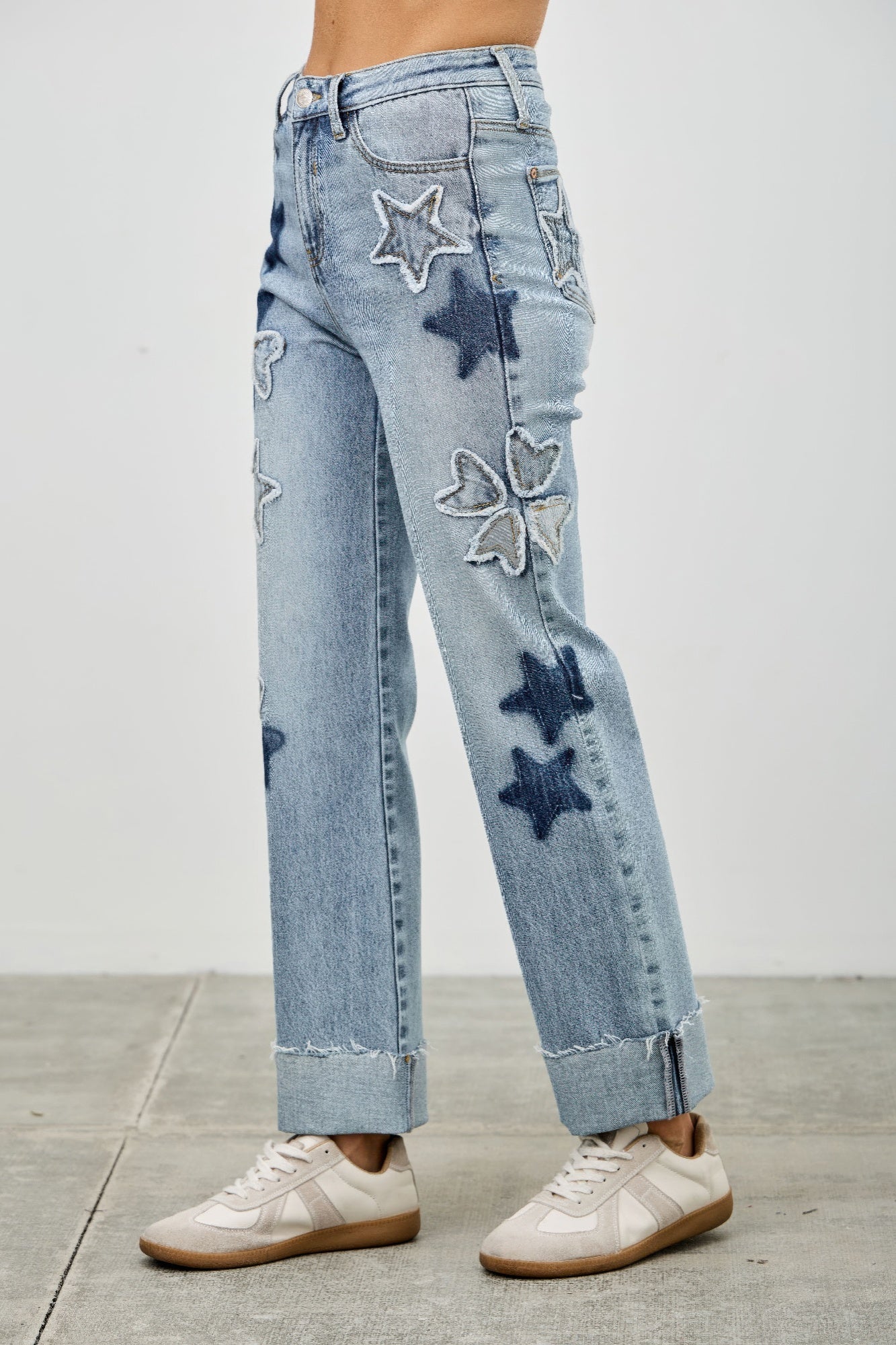 High Rise Star & Heart Patched Dad Jean W/stretch - All Season Fashion