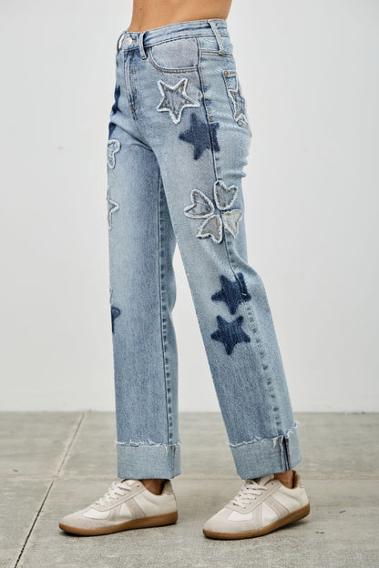 High Rise Star & Heart Patched Dad Jean W/stretch - All Season Fashion