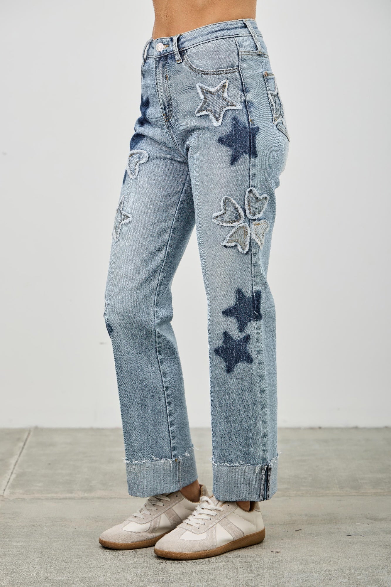 High Rise Star & Heart Patched Dad Jean W/stretch - All Season Fashion
